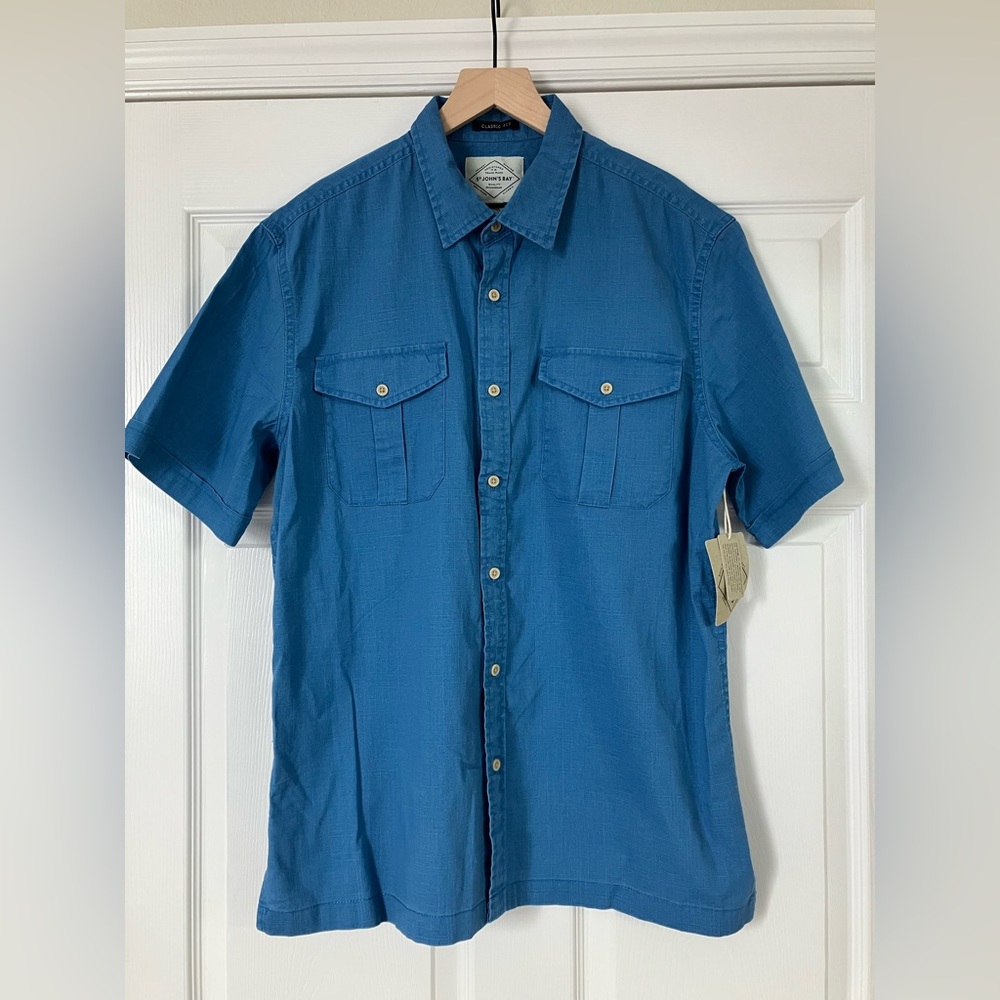 NWT St John’s blue cotton button down short sleeved shirt